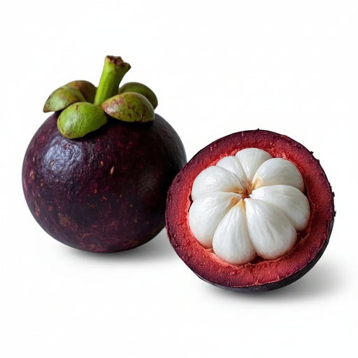 Mangosteen fruit and a halved mangosteen on a white background
