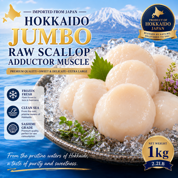 Premium Hokkaido Jumbo Raw Scallop Adductor Muscle – Sashimi Grade Frozen Scallops (1Kg)