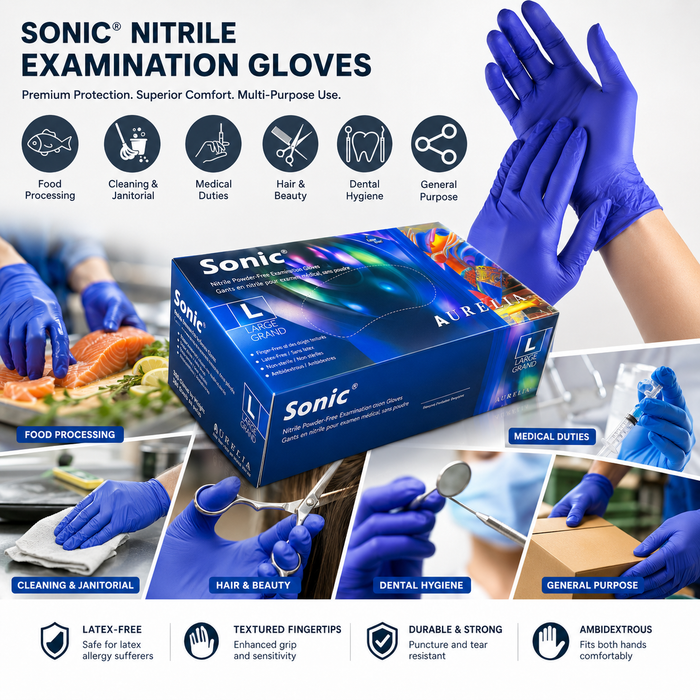 SONIC® Nitrile Examination Blue Gloves – Powder-Free, Latex-Free. 300/Box