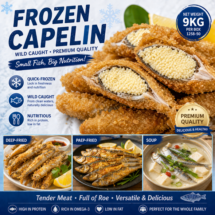 Frozen Capelin (Smelt) – Full of Roe, 9kg/Box – Wild Caught